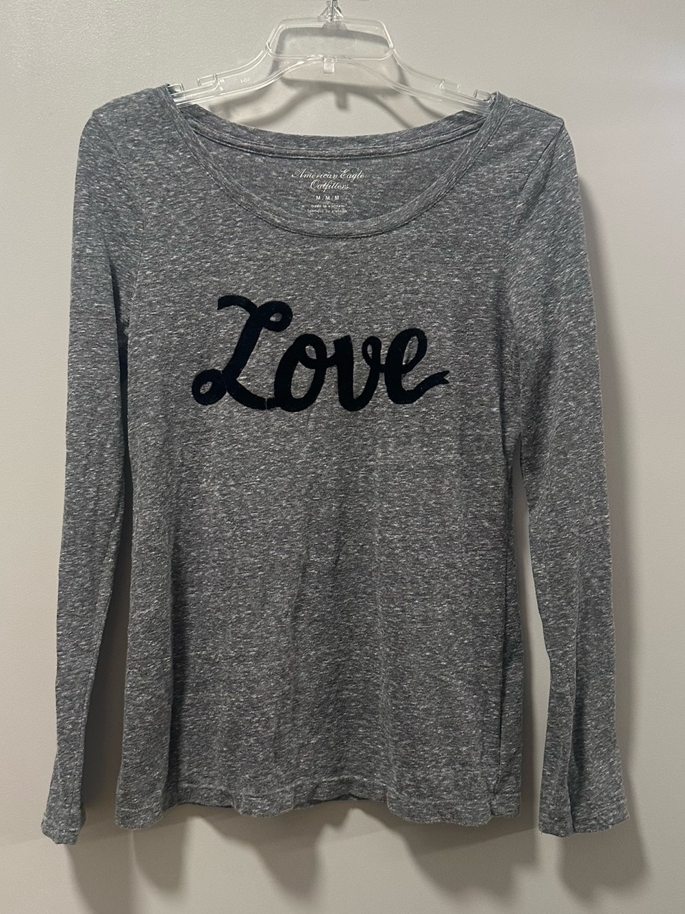 American Eagle Outfitters Gray Long-Sleeve Tee with Black "Love" Script - Size M